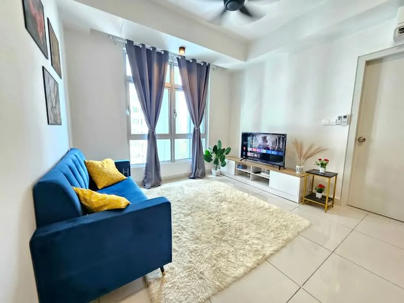 Living features: blue fabric sofa, yellow decorative cushions, white area rug, flat-screen TV on white console, golden side table, floor-to-ceiling windows, sheer curtains, recessed ceiling lights, ceiling fan, white painted walls, glossy tile flooring; style: modern; view: city.