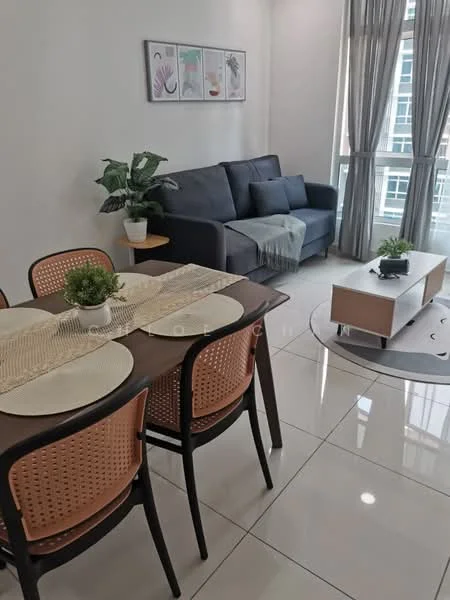 Living features: grey fabric sofa, wood coffee table, round area rug, dining table with 4 chairs, decorative plants, framed artwork on wall, floor-to-ceiling windows with sheer curtains, white painted walls, glossy tile flooring, light grey throw blanket on sofa; style: modern; view: city.
