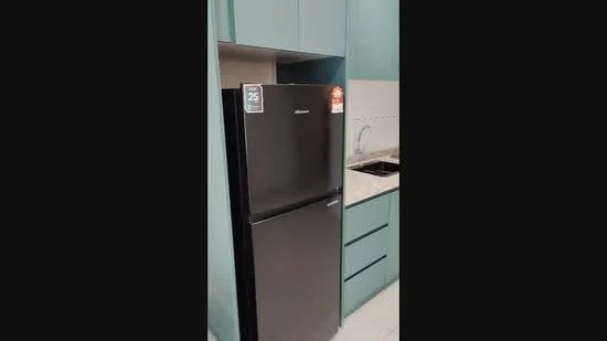 Kitchen features: black fridge, single-bowl stainless-steel sink, chrome pull-down faucet, light green cabinetry, white countertop, tile backsplash, drawer storage, wall-mounted cabinets; style: modern.