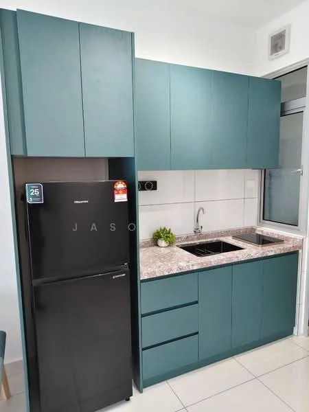 Kitchen features: dark green cabinetry, granite countertop, double-bowl stainless-steel sink, chrome pull-down faucet, black fridge, built-in oven, ceramic tile flooring, white tiled backsplash, window for natural light, under-cabinet lighting; style: modern.