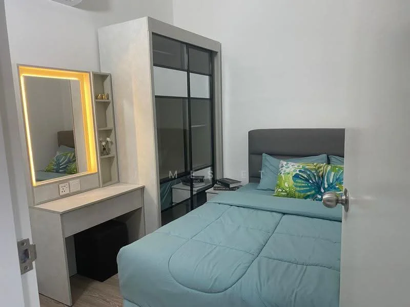 Bedroom features: queen-size bed with grey upholstered headboard, light blue bedding, decorative pillows with floral pattern, built-in wardrobe with glass doors, study desk with mirror and LED backlighting, black ottoman, wooden flooring, white painted walls, recessed ceiling lights; style: modern.