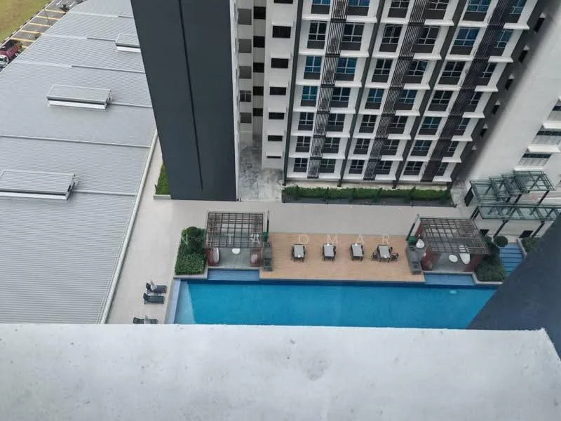 Exterior type: high-rise condominium; features: infinity pool, pool deck with loungers, landscaped garden area, glass railing, outdoor seating area, surrounding high-rise buildings, manicured lawn, parking area visible; style: modern.