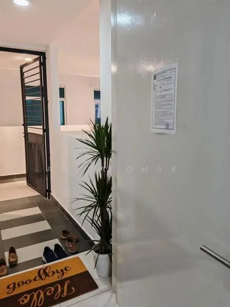 Room features: white painted walls, striped black and white tile flooring, door with handle, potted plant, welcome mat with text, shoes on the floor, window with blue frame, metal gate, notice board on wall; style: modern.