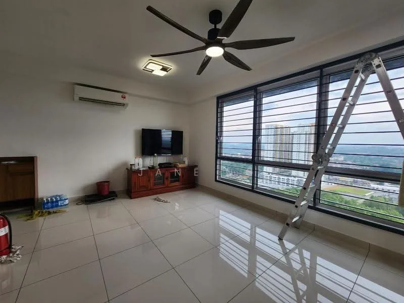 Living features: large floor-to-ceiling windows, grey tiled flooring, 5-blade ceiling fan with light, wall-mounted TV, wooden TV console, fire extinguisher, air conditioning unit, decorative ladder, water bottles, city view; style: modern; view: city.
