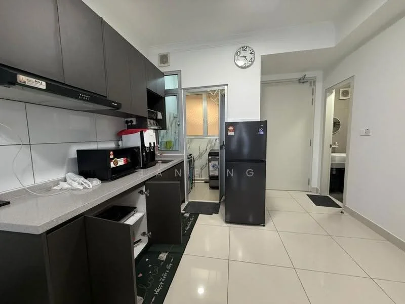 Kitchen features: dark wood cabinetry, grey countertop, stainless-steel sink, chrome pull-down faucet, built-in oven, freestanding fridge, microwave, ceramic tile flooring, wall clock, window with frosted glass, light fixture, open shelving; style: modern. Laundry features: washing machine, dryer, tile flooring. Bathroom features: one-piece toilet, sink with vanity, mirror, tile flooring.