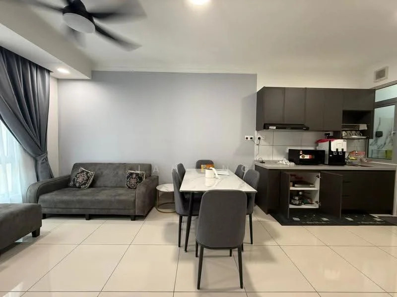 Living features: grey fabric sofa, 4-seater dining table, grey upholstered dining chairs, white ceramic tableware, floor-to-ceiling windows, sheer curtains, recessed downlights, ceiling fan, white tiled flooring, grey accent wall; style: modern. Kitchen features: dark cabinetry, stainless-steel sink, built-in oven, freestanding coffee machine, countertop with breakfast bar, black countertop, kitchen appliances visible; style: modern.