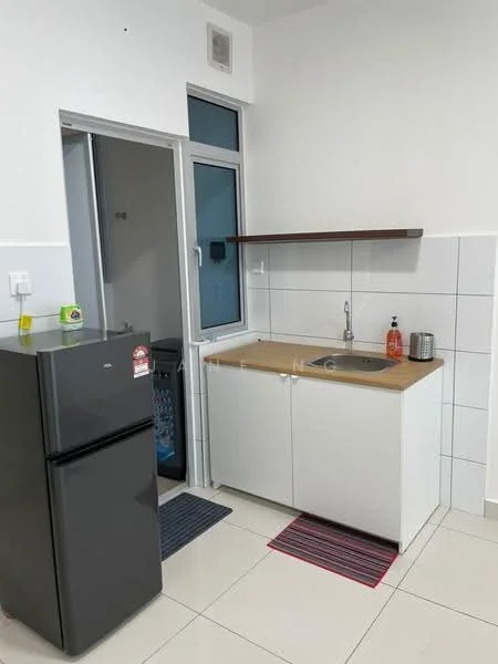 Kitchen features: black fridge, single-bowl stainless-steel sink, chrome pull-down faucet, white cabinetry, wood countertop, tile backsplash, grey floor mats, white tiled walls, window with view to outside, open shelving above sink; style: modern.