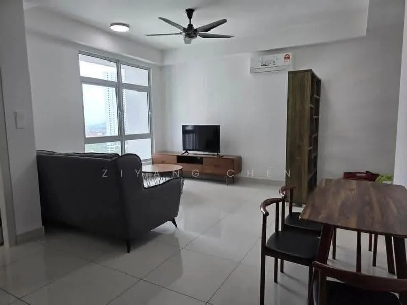 Living features: grey fabric sofa, wooden TV console, wall-mounted TV, ceiling fan, large window with city view, white painted walls, glossy tile flooring, recessed ceiling lights, wooden dining table, black dining chairs; style: modern; view: city.