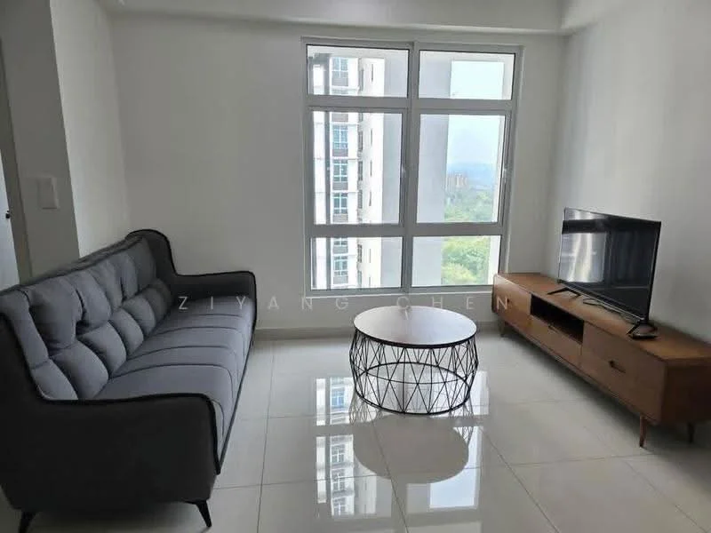Living features: grey fabric 3-seater sofa, round coffee table with wireframe base, wall-mounted TV, wooden TV console, white painted walls, glossy tile flooring, floor-to-ceiling windows, city view; style: modern; view: city.