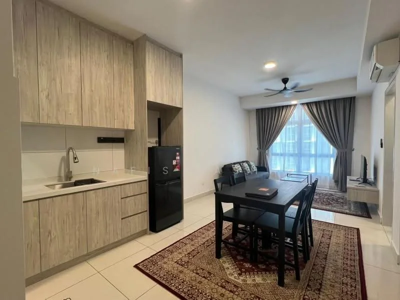 Kitchen features: light wood cabinetry, white countertop, single-bowl stainless-steel sink, chrome pull-down faucet, black refrigerator, ceramic tile flooring, recessed downlights, wall-mounted split AC, dining table with 4 chairs, area rug with geometric pattern, sofa with decorative cushions, floor-to-ceiling windows with sheer curtains; style: modern; view: city.