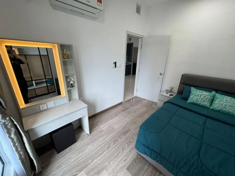 Bedroom features: queen-size bed with teal bedding, wooden flooring, wall-mounted split AC, built-in wardrobe with mirror, decorative mirror with LED backlighting, nightstand with lamp, white painted walls, curtains, doorway leading to another room; style: modern.