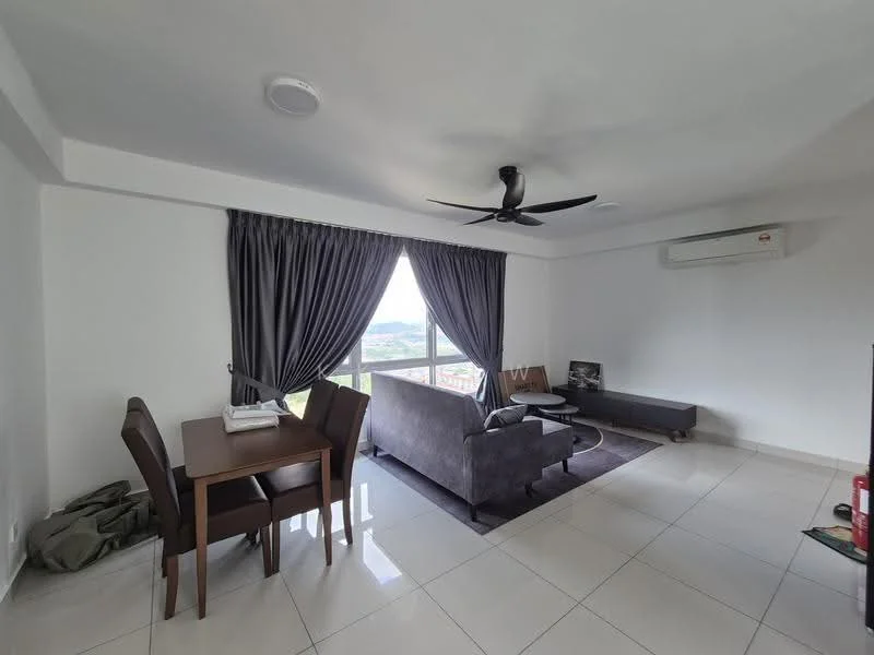 Living features: grey fabric sofa, 2-seater sofa, coffee table, dining table for 4, 4 dining chairs, floor-to-ceiling windows, curtains in grey, ceiling fan, wall-mounted air conditioning unit, tile flooring, area rug, decorative wall art; style: modern; view: city.
