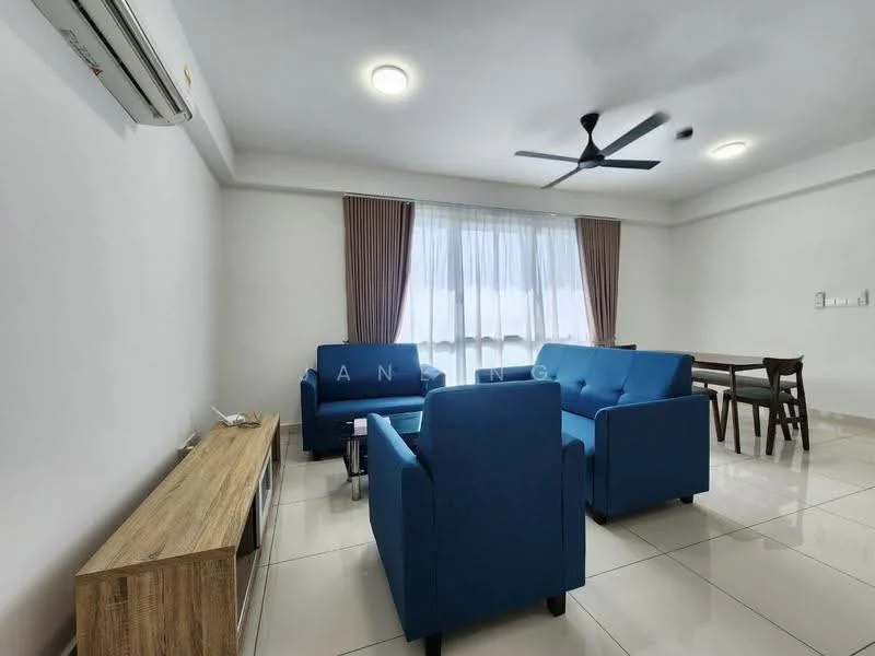 Living features: blue fabric sofa set, 2-seater sofa, 3-seater sofa, wooden TV console, ceiling fan, recessed ceiling lights, large window with sheer curtains, white painted walls, glossy ceramic tile flooring, dining table with chairs; style: modern.
