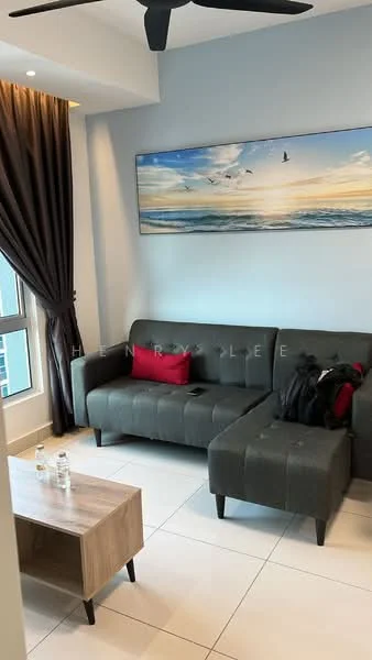 Living features: 3-seater fabric sofa in grey, red accent cushion, wooden coffee table, floor-to-ceiling window, sheer curtains, dark curtains, wall-mounted artwork with landscape, ceiling fan; style: modern; view: city.