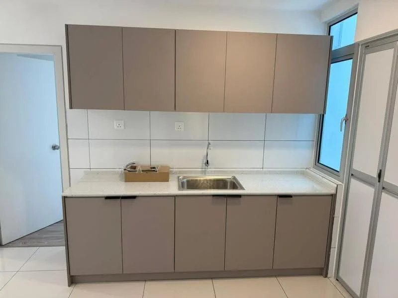 Kitchen features: light grey cabinetry, single-bowl stainless-steel sink, chrome pull-down faucet, white countertop with speckles, white tiled backsplash, white wall tiles, floor-to-ceiling window, tile flooring; style: modern.