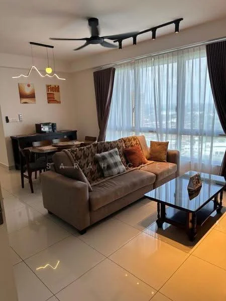Living features: 3-seater fabric sofa in beige, decorative cushions, glass coffee table, wooden dining table for 4, floor-to-ceiling windows, sheer curtains, 5-blade ceiling fan with light, wall-mounted artwork, tile flooring, recessed lighting; style: modern; view: city.