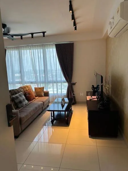 Living features: 3-seater fabric sofa in beige, coffee table, TV console, wall-mounted TV, floor-to-ceiling windows, sheer curtains, recessed downlights, polished tile flooring, decorative wall with textured finish, ceiling-mounted air conditioning unit; style: modern; view: city.