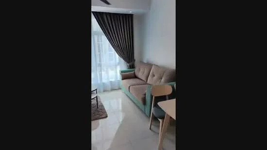 Living features: 3-seater fabric sofa in beige and teal, floor-to-ceiling windows, sheer curtains, dark striped curtains, light-colored tiled flooring, ceiling fan, coffee table, area rug, decorative wall, wall-mounted decor; style: modern.