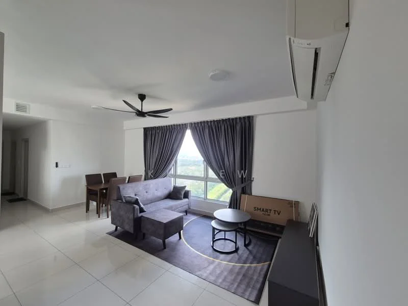 Living features: grey fabric sofa, round coffee table, area rug with circular pattern, 5-blade ceiling fan with light, floor-to-ceiling windows, curtains in dark grey, wall-mounted TV, TV console, dining table with four chairs, white painted walls, tile flooring; style: modern; view: garden.