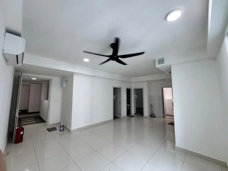 Room features: white painted walls, glossy ceramic tile flooring, 5-blade ceiling fan with light, 1 wall-mounted split AC, recessed downlights, doorways leading to other rooms, fire extinguisher, floor mat at entrance; style: modern.