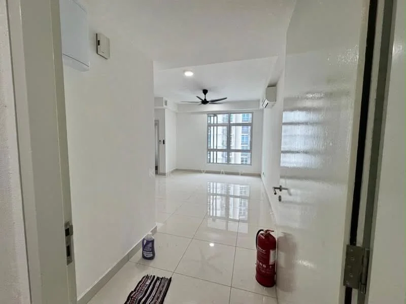 Room features: white painted walls, glossy ceramic tile flooring, recessed downlights, 5-blade ceiling fan, floor-to-ceiling windows, fire extinguisher, air conditioning unit, door to another room, entrance mat; style: modern; view: city.
