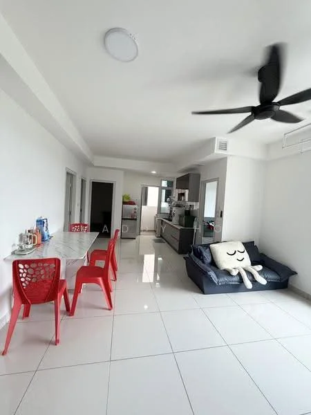 Living features: white painted walls, glossy white tile flooring, 5-blade ceiling fan, sofa with octopus design cushion, dining table with marble top, 4 red plastic dining chairs, refrigerator, kitchen area visible in background, open layout, natural light from windows; style: modern.