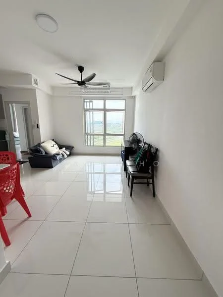 Living features: white painted walls, glossy white tile flooring, 5-blade ceiling fan with light, floor-to-ceiling windows, air conditioning unit, sofa in dark blue, black chairs, red dining chairs, decorative throw pillows, natural light from windows; style: modern; view: city.