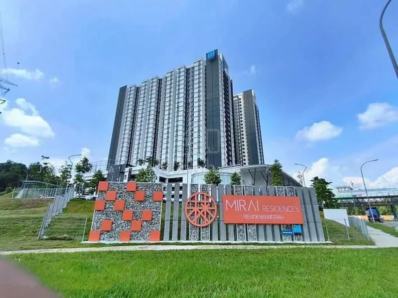 Exterior type: high-rise condominium; features: glass curtain wall, concrete facade, recessed balconies, landscaped entrance, manicured lawn, mature trees, feature signage, surrounded by greenery; style: modern.
