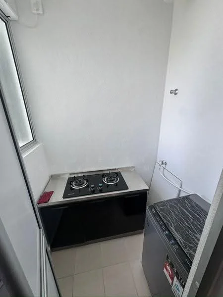Kitchen features: black cabinetry, white countertop, 2-burner gas hob, stainless-steel sink, washing machine, tile flooring, white painted walls, window for natural light; style: modern.