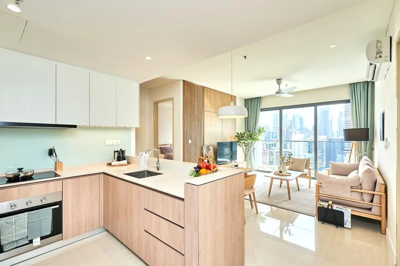 Kitchen features: light wood cabinetry, white countertop, stainless-steel sink, chrome pull-down faucet, built-in oven, 4-burner gas hob, refrigerator, pendant light, open shelving, wall-mounted split AC; style: modern; view: city. Living features: sofa with cushions, coffee table, TV console, floor-to-ceiling windows, area rug, ceiling fan; style: modern; view: city.