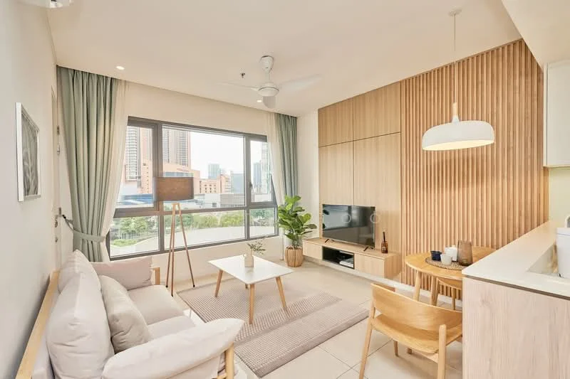 Living features: 3-seater fabric sofa in light grey, wooden coffee table, TV console, wall-mounted TV, area rug with neutral color, floor-to-ceiling windows, sheer curtains, ceiling fan with light, wood panel accent wall, indoor plant, decorative wall art, light wood cabinetry, pendant lamp; style: modern; view: city.