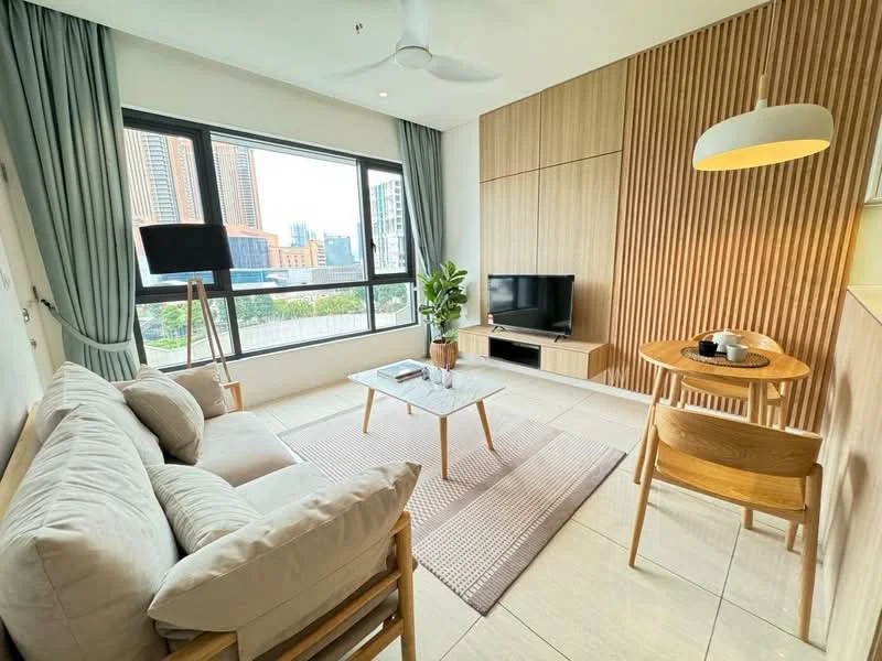Living features: 3-seater fabric sofa in beige, wooden armchairs, coffee table, TV console, wall-mounted TV, area rug, floor-to-ceiling windows, curtains, wood panel accent wall, recessed lighting, ceiling fan, indoor plant; style: modern; view: city.
