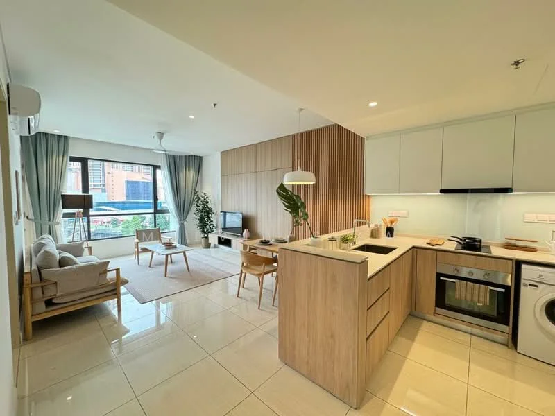 Kitchen features: white cabinetry, wooden accent wall, stainless-steel sink, chrome pull-down faucet, built-in oven, stainless-steel range hood, 4-burner gas hob, washing machine, refrigerator, marble countertop, pendant lighting, open shelving, floor-to-ceiling windows, tile flooring; style: modern; view: city. Living features: 3-seater fabric sofa, coffee table, TV console, area rug, floor-to-ceiling windows, curtains, wooden dining chairs, dining table; style: modern; view: city.