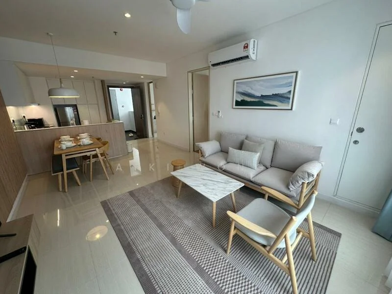 Living features: 3-seater fabric sofa in light grey, wooden coffee table with marble top, area rug with geometric pattern, wall-mounted TV, 1 wall-mounted split AC, floor-to-ceiling windows, light blue curtains, decorative wall art, recessed downlights, light-coloured tiled flooring; style: modern. Kitchen features: kitchen island with seating, built-in oven, stainless-steel fridge, white cabinetry, ceramic tile backsplash, recessed lighting, open shelving, countertop with bar stools; style: modern.