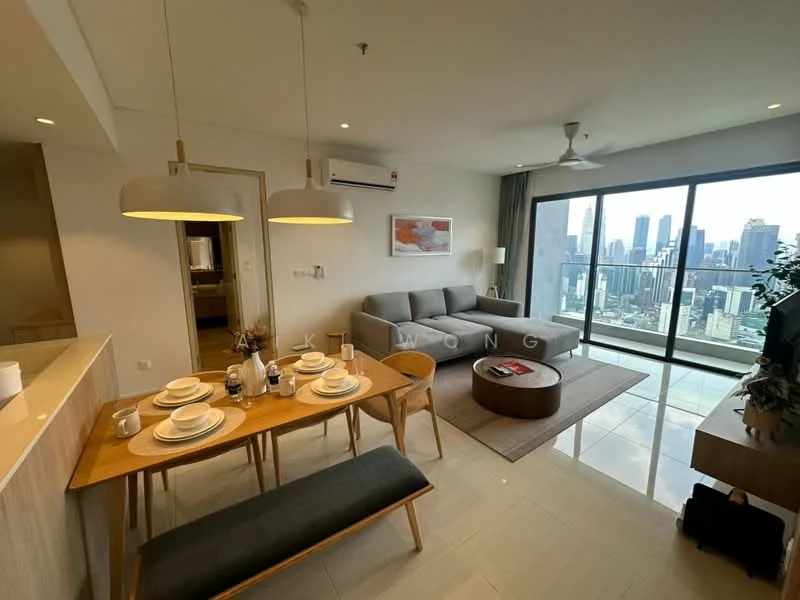 Living features: floor-to-ceiling windows, grey fabric sofa, coffee table, area rug, 3-blade ceiling fan, wall-mounted air conditioning unit, decorative wall art, city skyline view, light wood dining table, upholstered dining chairs, table setting with plates and cutlery; style: modern; view: city. Dining features: light wood dining table, upholstered dining chairs, table setting with plates and cutlery; style: modern; view: city.