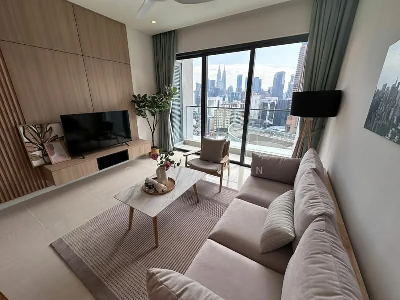 Living features: light grey fabric sofa, coffee table, TV console, wall-mounted TV, area rug, floor-to-ceiling windows, city skyline view, decorative wall art, indoor plant, curtains, recessed downlights, light-colored wall panels, neutral wall color, ceiling fan; style: modern; view: city.