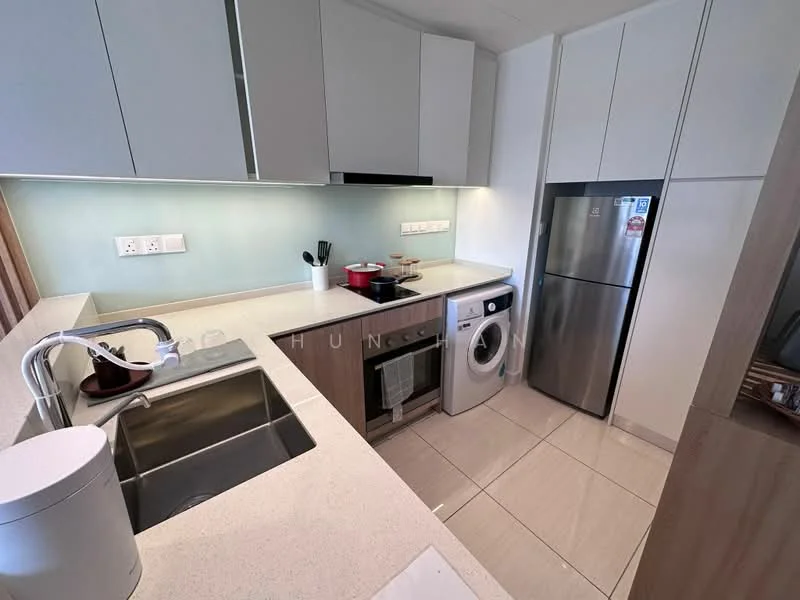 Kitchen features: single-bowl stainless-steel sink, chrome pull-down faucet, quartz countertop, white cabinetry, built-in oven, 4-burner gas hob, stainless-steel fridge, front-load washing machine, tile flooring, recessed LED downlights, backlit wall panel, kitchen utensils on countertop; style: modern.
