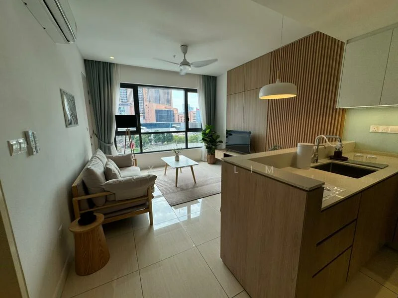 Living features: 3-seater fabric sofa in beige, wooden coffee table, TV console, wall-mounted TV, area rug, floor-to-ceiling windows, curtains, ceiling fan with light, wood panel accent wall, recessed lighting, marble tile flooring; style: modern; view: city. Kitchen features: kitchen island, stainless-steel sink, chrome pull-down faucet, built-in oven, stainless-steel range hood, 4-burner gas hob, wood cabinetry, white quartz countertop, recessed lighting; style: modern.