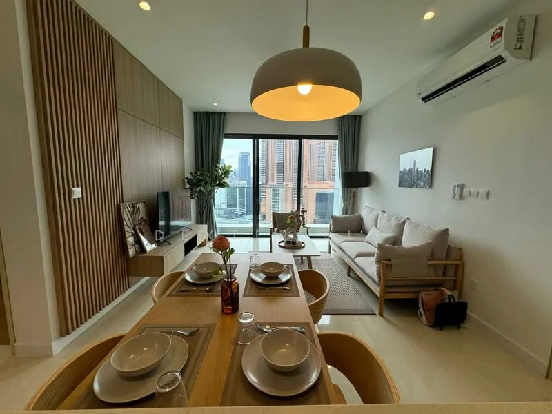 Dining features: wooden dining table, 4 dining chairs, table setting with plates and glasses, decorative vase with flowers, light-colored flooring, wall-mounted TV, wood panel accent wall, large sliding glass door, city skyline view, air conditioning unit, sofa in living area, area rug; style: modern; view: city. Living features: sofa with light upholstery, coffee table, wall-mounted TV, decorative artwork, large sliding glass door, city skyline view; style: modern; view: city.