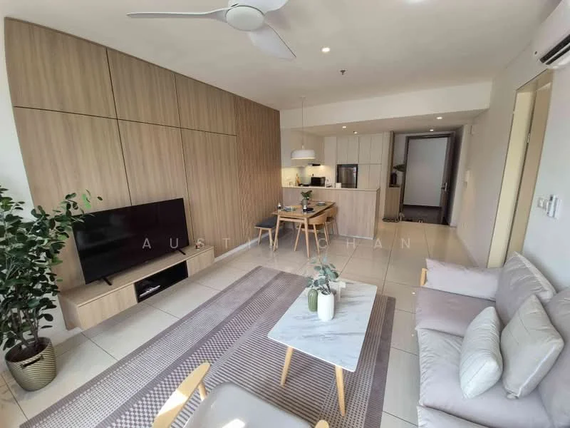 Living features: light grey wall, wooden feature wall, floor-to-ceiling windows, 3-seater fabric sofa in light grey, coffee table with marble top, area rug with geometric pattern, TV console with storage, wall-mounted TV, indoor plant in ceramic pot, ceiling fan with light, recessed downlights; style: modern. Dining features: 6-seater dining table, wooden dining chairs, pendant lamp above dining table; style: modern. Kitchen features: white cabinetry, stainless-steel fridge, built-in oven, freestanding range oven, countertop with bar seating, sink with faucet, ceramic tile flooring; style: modern.