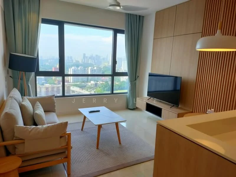 Living features: 3-seater fabric sofa in light beige, wooden armchair, coffee table with wooden legs, area rug with neutral color, floor-to-ceiling windows, city skyline view, light blue curtains, wall-mounted TV, TV console with wooden finish, ceiling fan with light, decorative wall paneling; style: modern; view: city.