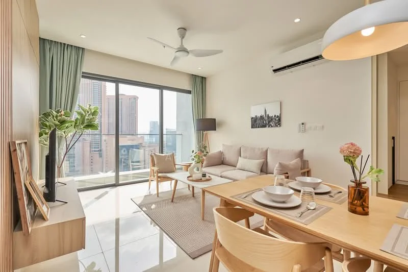 Living features: floor-to-ceiling windows, sliding glass door, 3-seater fabric sofa in light beige, wooden coffee table, area rug with neutral color, wall-mounted TV, TV console, ceiling fan with light, recessed downlights, decorative plant in ceramic pot, dining table for four, upholstered dining chairs, light fixture above dining table, curtains in light green, wooden cabinetry; style: modern; view: city.