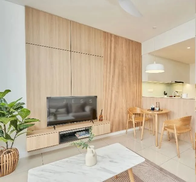 Living features: light wood feature wall, flat-panel TV console, wall-mounted TV, marble coffee table, light wood dining table, light wood dining chairs, indoor plant in woven basket, recessed lighting, pendant light fixture, neutral tile flooring, open kitchen view; style: modern.