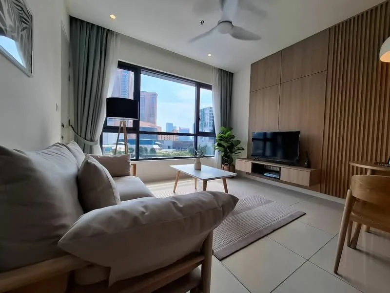 Living features: 3-seater fabric sofa in beige, wooden coffee table, TV console, wall-mounted TV, floor-to-ceiling windows, curtains in light grey, decorative indoor plant, area rug with neutral color, light-colored wall with wood paneling, ceiling fan with light, recessed downlights; style: modern; view: city.