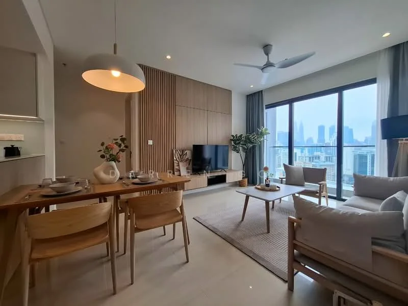 Living features: floor-to-ceiling windows, city view, light wood flooring, recessed downlights, 5-blade ceiling fan, wall-mounted TV, wooden TV console, light wood dining table, 4 dining chairs, sofa with cushions, area rug, decorative vase on table; style: modern; view: city.