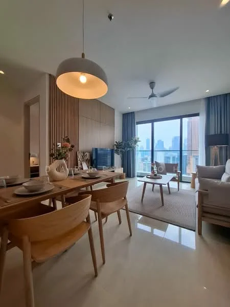 Living features: floor-to-ceiling windows, city skyline view, 5-blade ceiling fan with light, pendant lamp, light wood dining table, 4 wooden dining chairs, cream area rug, light grey sofa, decorative cushions, wooden coffee table, wall-mounted TV, wood panel accent wall, potted plants, curtains, recessed downlights; style: modern; view: city.