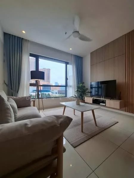 Living features: 3-seater fabric sofa in light grey, wooden coffee table, area rug with neutral color, wall-mounted TV, TV console, floor-to-ceiling windows, sheer curtains, ceiling fan, decorative plant in ceramic pot, wood panel accent wall, recessed downlights; style: modern; view: city.