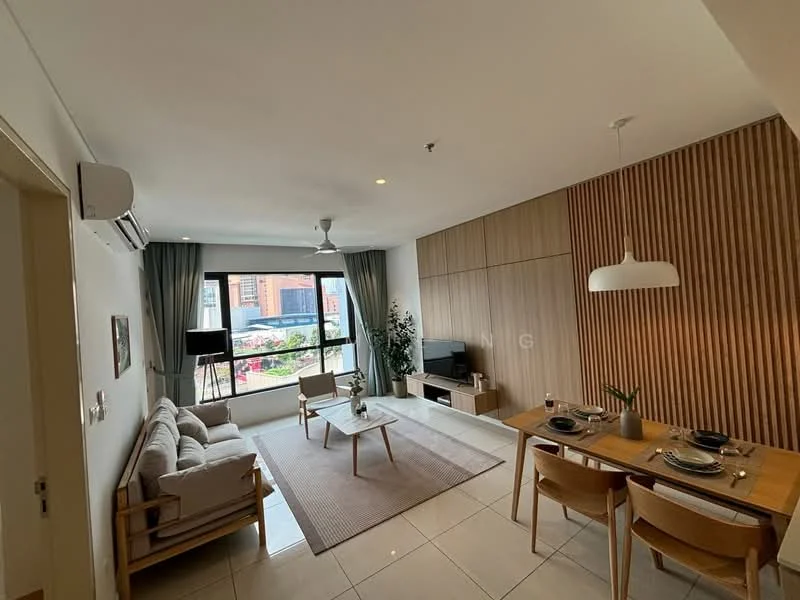 Living features: 3-seater fabric sofa in light grey, 2 armchairs in beige, coffee table with wooden legs, TV console in white with wooden accents, wall-mounted TV, area rug with neutral tones, floor-to-ceiling windows, curtains in sheer fabric, 5-blade ceiling fan with light, recessed downlights, wood panel accent wall, decorative plant in ceramic pot; style: modern; view: city. Dining features: 6-seater dining table in wood, upholstered dining chairs, table setting with plates and cutlery, decorative plant on the table; style: modern; view: city.