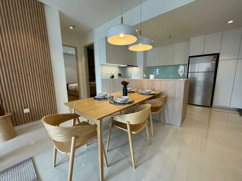 Dining features: wooden dining table, 4 dining chairs, pendant lighting above table, white cabinetry, glass backsplash, stainless-steel fridge, ceramic tile flooring, neutral wall color, open-plan layout, kitchen island, decorative vase on table; style: modern. Kitchen features: white cabinetry, glass backsplash, stainless-steel fridge, built-in oven, cooktop, kitchen island, ceramic tile flooring; style: modern.