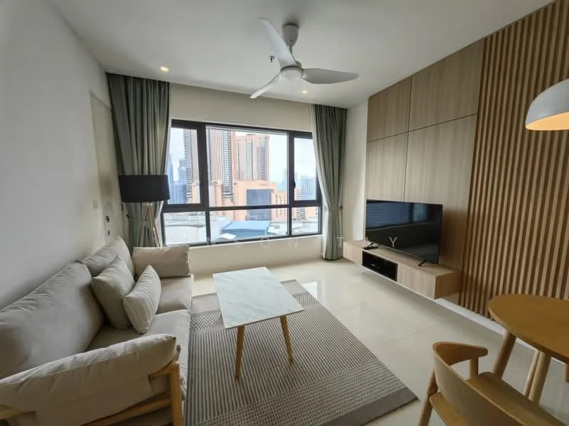 Living features: 3-seater fabric sofa in light beige, wooden coffee table, area rug with geometric pattern, wall-mounted TV, TV console with storage, floor-to-ceiling windows, city skyline view, ceiling fan with light, curtains in grey, wood panel accent wall, recessed lighting; style: modern; view: city.